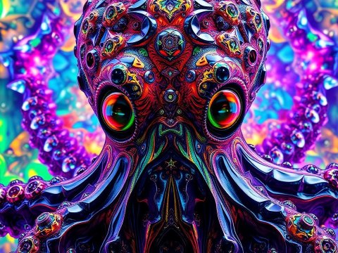 Horrific Hyper Complex Octopus with Vivid Psychedelic Colors