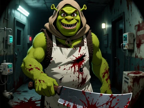Horror Butcher Shrek in Bloodied Apron with Cleaver