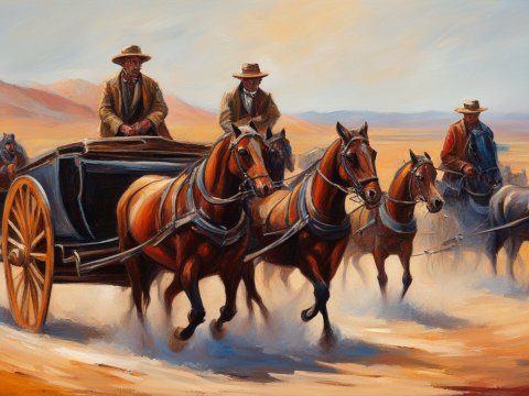 Horse-Drawn Carriages Racing Across Desert Landscape