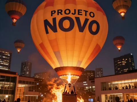 Hot Air Balloons Illuminating Night Sky Over Cityscape