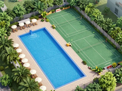 Hotel Outdoor Pool and Tennis Court Surrounded by Lush Greenery