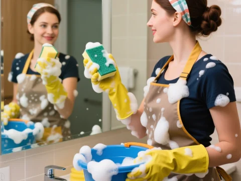 Housewife Cleaning Bathroom Mirror with Foam and Sponge