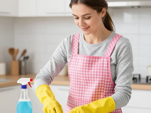 Housewife Cleaning Kitchen Counter with Sponge and Gloves