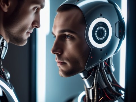 Human and Android Face-to-Face in Futuristic Setting