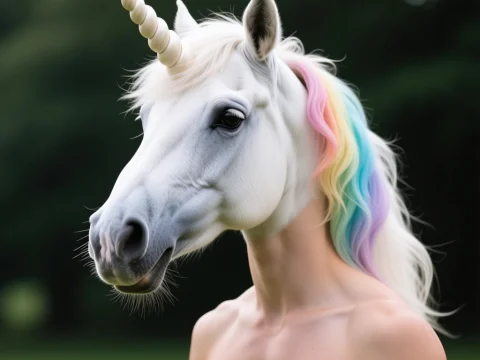 Human Figure with Realistic Unicorn Head and Rainbow Mane