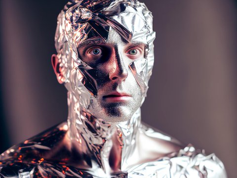 Human Figure Wrapped in Reflective Aluminum Foil