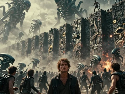 Human Wall Defending Against Giant Alien Invaders