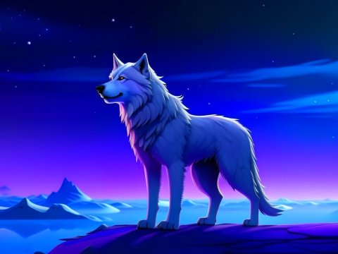 Humanoid Arctic Wolf Standing Under a Starry Night Sky