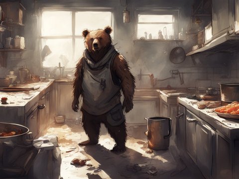 Humanoid Bear Scavenger in a Messy Kitchen