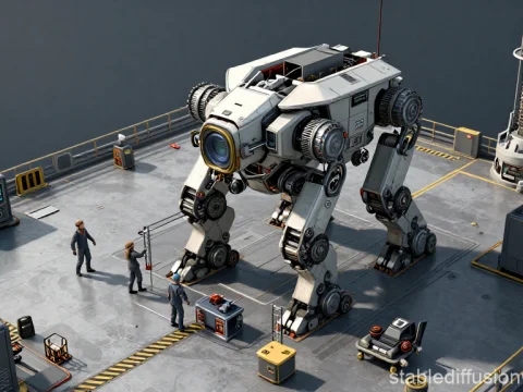 Humanoid Robot Maintenance Dock with Engineers