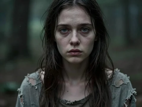 Hungry Woman in Tattered Clothes in Forest