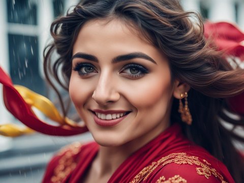 Hyper Realistic Close-Up Portrait of Smiling Woman in Red