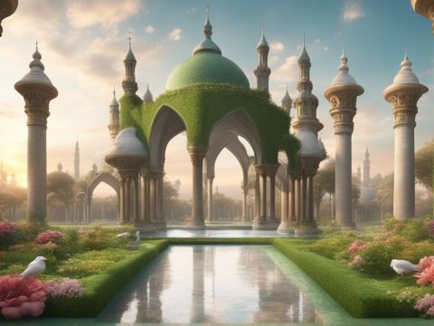 Hyper Realistic Garden Pavilion with Green Domes and Columns