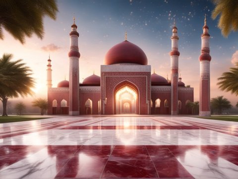Hyper Realistic Maroon Brick Mosque at Sunset