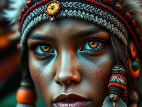 Hyper Realistic Portrait of a Tribal Woman with Feather Headdress