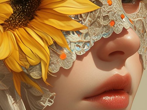 Hyper Realistic Portrait with Sunflower and Ornate Mask