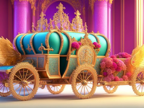 Hyper Realistic Princely Carriage with Ornate Gold and Blue Design