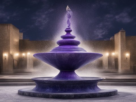 Hyper Realistic Purple Fountain at Night in Historic Courtyard