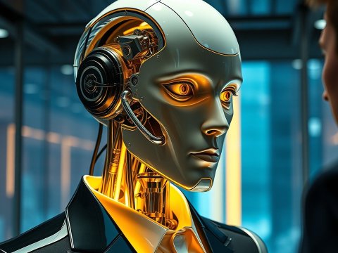 Hyper-Realistic Robot in Business Suit Facing Human