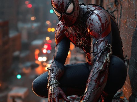 Hyper Realistic Spider-Man in Dark Urban Setting