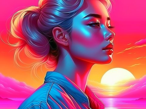 Hyper Realistic Vaporwave Portrait at Sunset