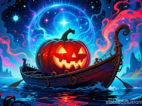 Hypercolorful Dreamscape with Glowing Jack-o'-Lantern on Boat