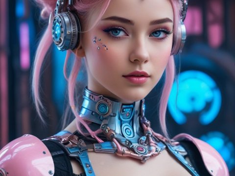 Hyperdetailed Cyberpunk Woman with Pink Hair and Futuristic Armor