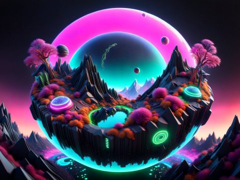 Hyperdetailed Floating Alien Landscape with Neon Flora
