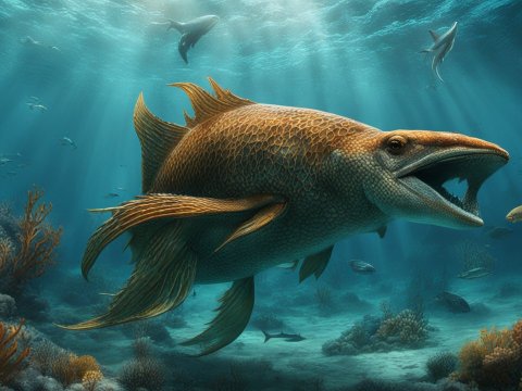 Hyperrealistic 4K Underwater Scene with Prehistoric Fish