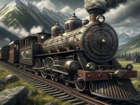 Hyperrealistic Antique Steam Locomotive in Mountain Landscape