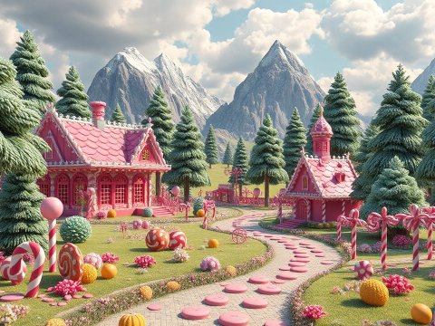 Hyperrealistic Candy Land Village with Mountain Backdrop
