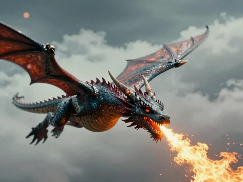 Hyperrealistic Dragon Breathing Fire in the Sky