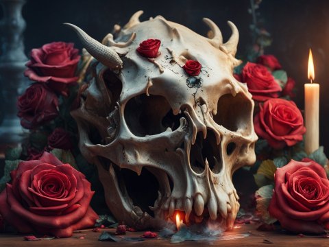 Hyperrealistic Dragon Skull with Red Roses and Candles