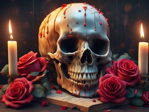 Hyperrealistic Human Skull with Blood and Roses
