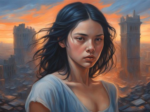 Hyperrealistic Painting of a Woman in a Ruined City at Sunset