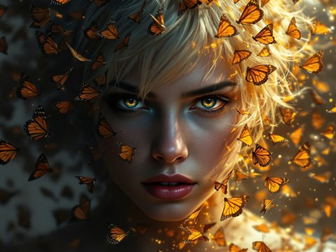Hyperrealistic Portrait of Woman Surrounded by Monarch Butterflies