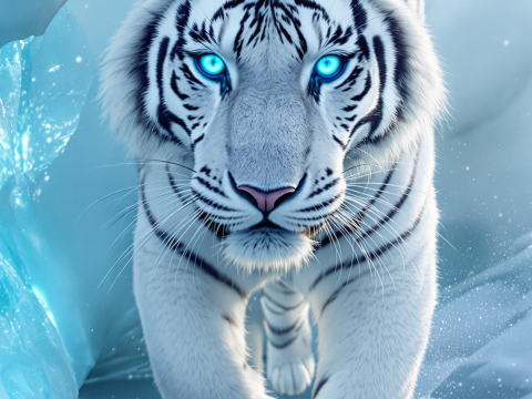 Hyperrealistic White Tiger with Glowing Blue Eyes in Ice Cave