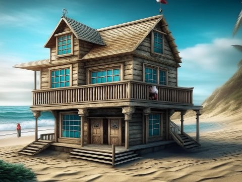 Hyperrealistic Wooden Beach House on Sandy Shore