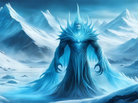 Ice Giant in Frozen Mountain Landscape