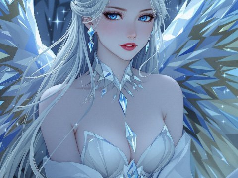 Ice Queen Waifu with Crystal Wings in Anime Style