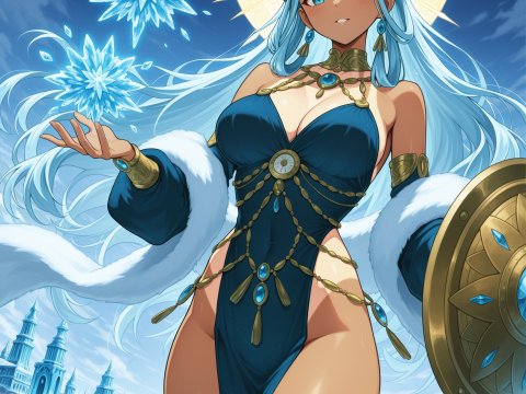 Ice Sorceress in Elegant Blue Gown with Magical Snowflakes