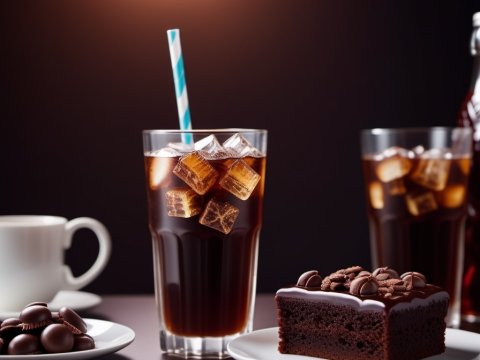 Iced Coffee with Chocolate Cake and Chocolates on Table