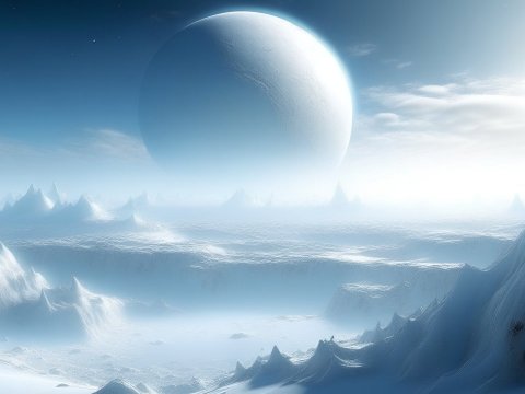 Icy Alien Landscape with a Massive White Planet