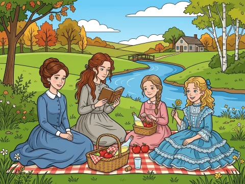 Idyllic 1860s Sisters Picnic by the River
