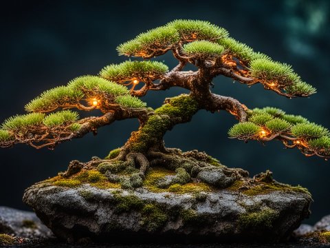 Illuminated Bonsai Tree on Mossy Rock