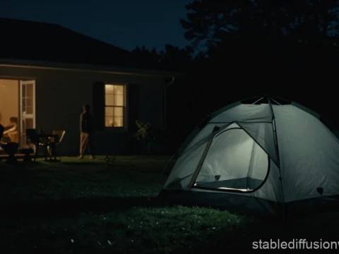 Illuminated Camping Tent at Night in Backyard