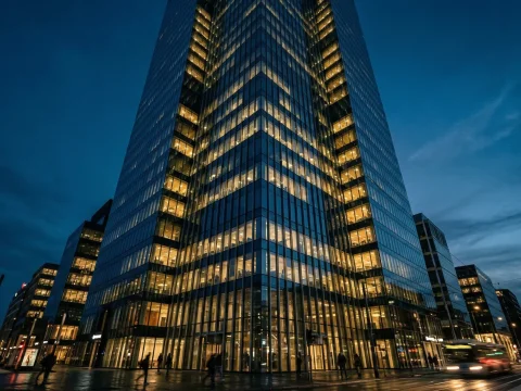Illuminated Glass Skyscraper at Dusk in Urban Cityscape