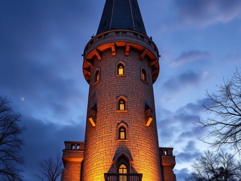Illuminated Medieval Tower at Twilight