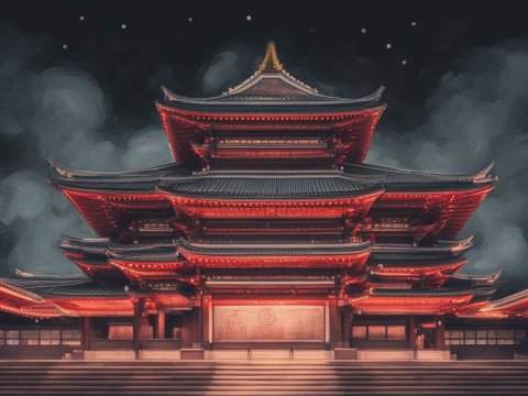 Illuminated Traditional Asian Temple at Night