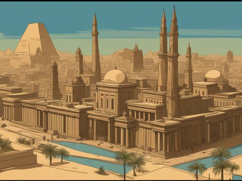 Illustrated Ancient Cairo Cityscape with Pyramids
